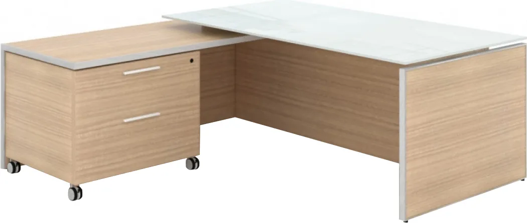 Modern Executive L-shaped Desk with Glass Desktop and drawers