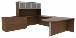 U Shaped Desk with Hutch and File Cabinet - Amber