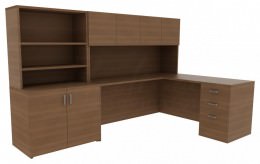 L Shaped Desk with Drawers and Shelves - Amber