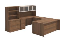 U Shaped Desk with Hutch and Storage - Amber